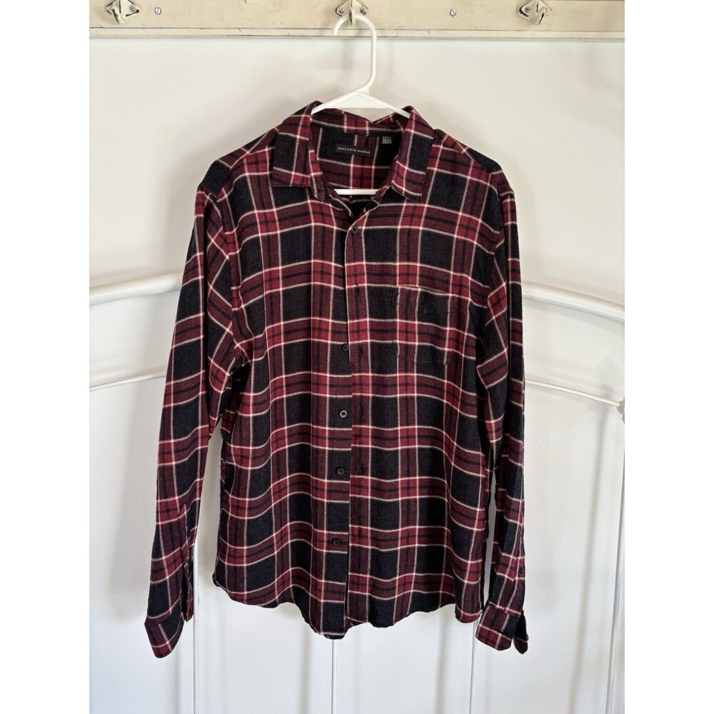 Men’s Saks Fifth Avenue Plaid Maroon And Black Button Down Casual medium